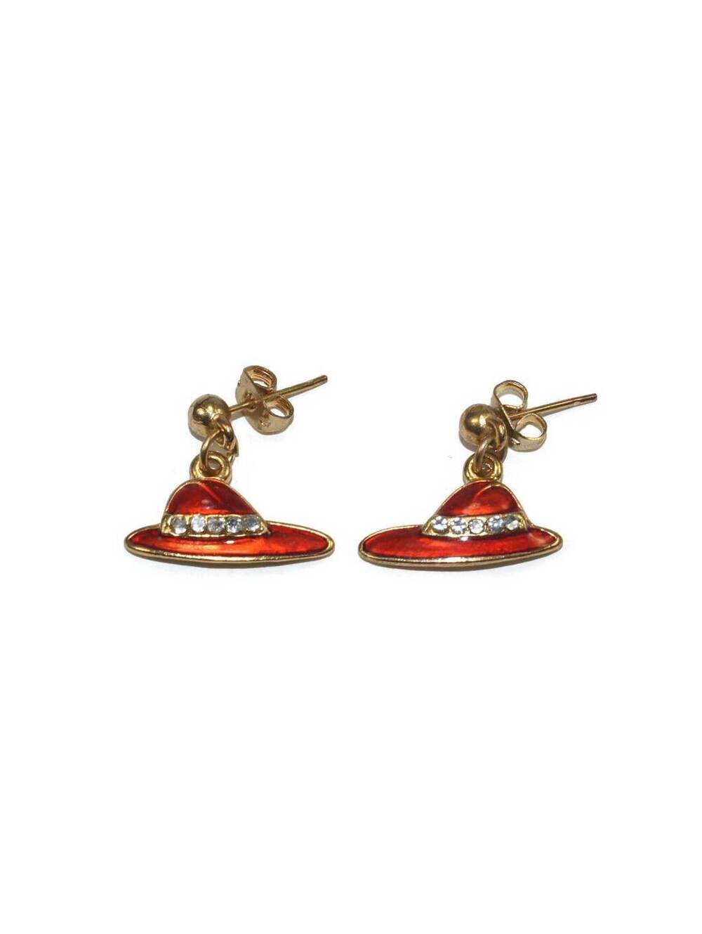 Vintage Gold Tone, Rhinestones and Red Enamel Dangle Hat Earrings.
